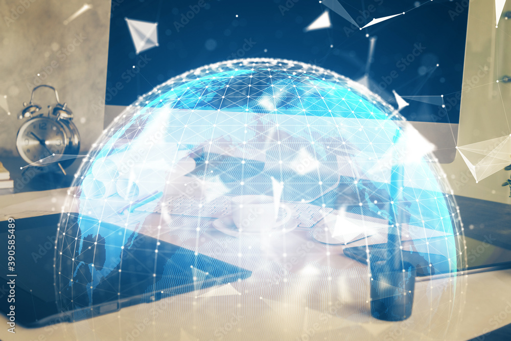 Multi exposure of business theme icons and work space with computer background. Concept of success. Multi exposure of business theme icons and work space with computer background. Concept of success.