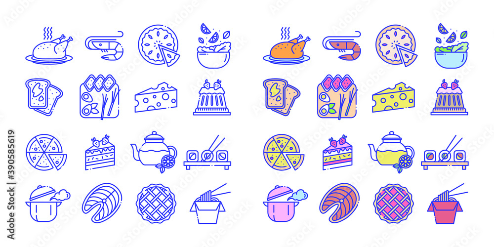 Restaurant food icons set. Icons included in the form of chicken, shrimp, pie, salad, bread, cheese, pizza, tea, sushi, saucepan, fish, noodles
