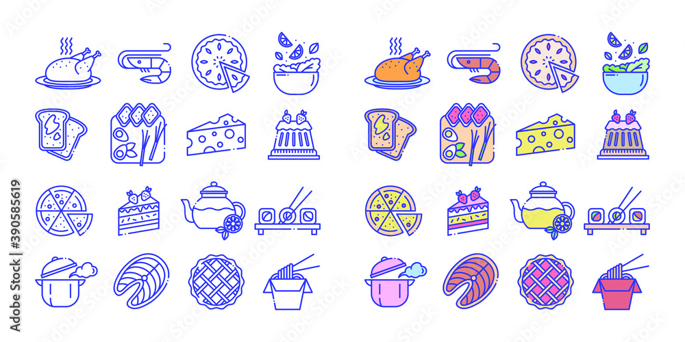 Restaurant food icons set. Icons included in the form of chicken, shrimp, pie, salad, bread, cheese, pizza, tea, sushi, saucepan, fish, noodles
Restaurant food icons set. Icons included in the form of chicken, shrimp, pie, salad, bread, cheese, pizza, tea, sushi, saucepan, fish, noodles