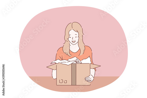 Parcel, order delivery, holiday present in box concept. Young girl teen cartoon character feeling happy of receiving box with gift or online order delivered to home and unpacking contests from paper