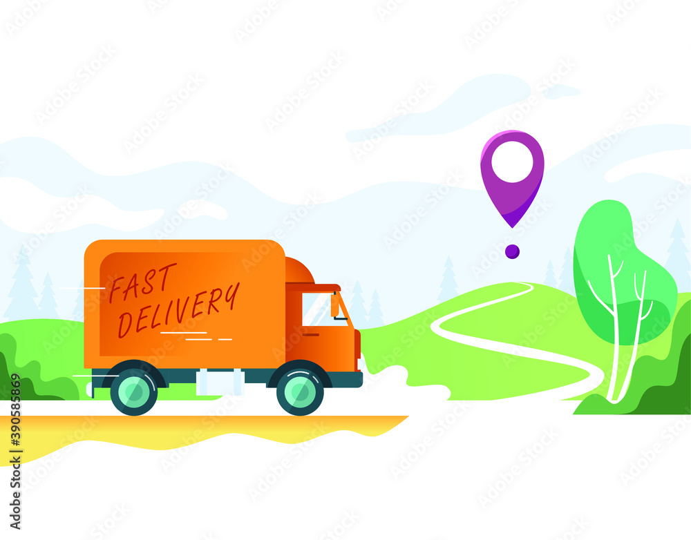 Delivery truck drives to destination. Concept for online map, tracking, service. Vector illustration.