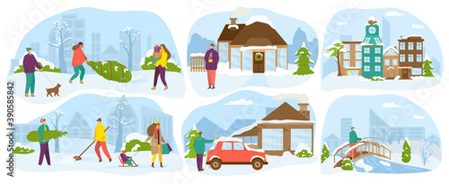 People lifestyle in winter set of vector illustrations. Family with kids happ...