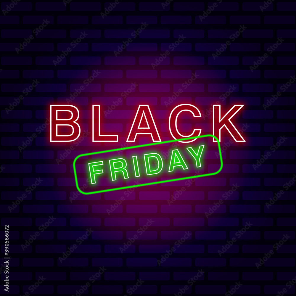 Black Friday sale. Black Friday neon sign on brick wall background. Glowing white and red neon text in blue frame for advertising and promoti