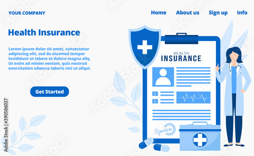 Health insurance medical services landing page, vector illustration. Healthcare, medicine insurance for patients online. Doctors consultation in web, internet technology app.