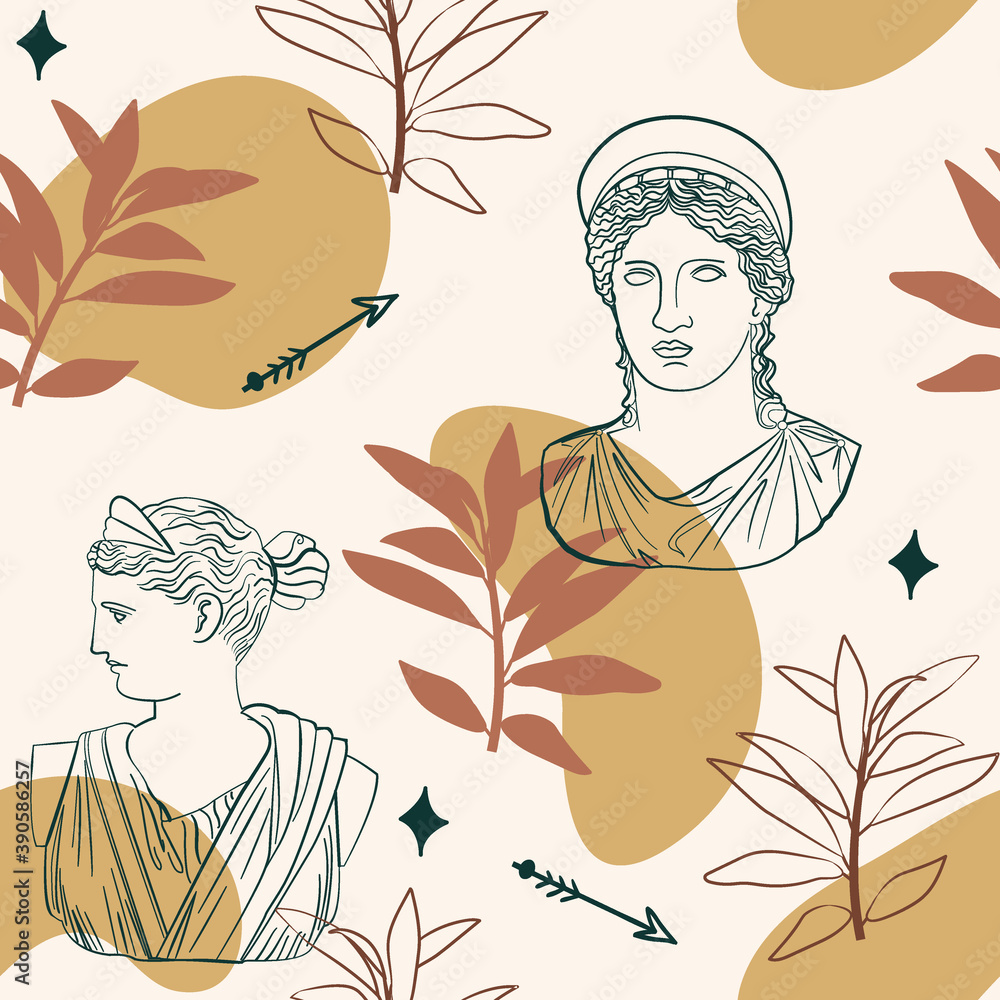 Abstract seamless pattern of greek sculpture line art drawing, organic