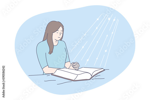 Prayer, religion, Bible concept. Young happy religious woman christian character praying above open Bible on bed. Asking and request or god lord faith and blessing cartoon vector illustration. 