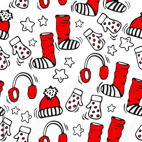 Bright seamless pattern with winter clothes in hand drawn style. Vector illustration