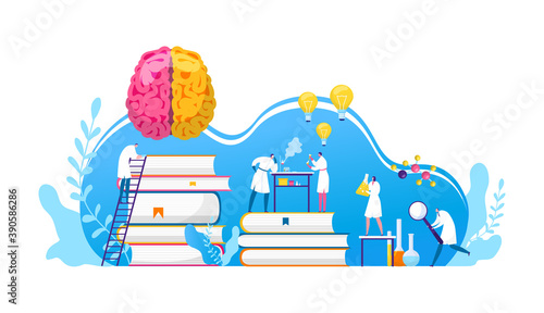 Scientists discovery research in chemistry, biology or medicine vector illustration. Brain science researching labaratory. Scientifical research lab innovation. Idea light bulbs and brain discoverers.