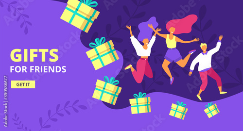 Loyalty program, refer friend flat vector illustration. Referral marketing, promotion method. Group of people or loyal customers holding hands andjumping with gift boxes, web banner.