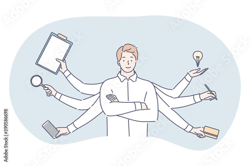 Multitasking, business efficiency, management concept. Effective executive overload businessman professional clerk competent manager leader character workaholic standing with many hands illustration.