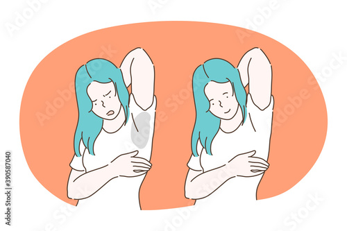Sweating, unpleasant smell in armpits, using deodorant concept. Young woman cartoon character feeling frustrated having sweating wet pot under arm on t-shirt and feeling happy with clean dry armpit 
