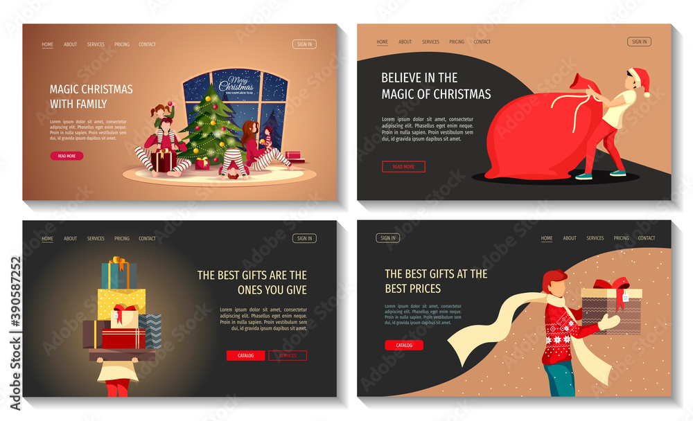 Set of web pages for Merry Christmas and Happy New Year with family, christmas tree and gifts. Vector illustration for poster, banner, cover, website.