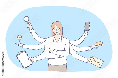 Multitasking, business efficiency, management, concept. Effective executive businesswoman professional clerk competent manager leader cartoon character workaholic standing with many hands illustration