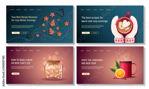 Set of web pages for Merry Christmas and Happy New Year, Winter recipes. Cookies, Cup with hot beverage, Hands in mittens, Jar with garland. Vector illustration for poster, banner, card, cover.