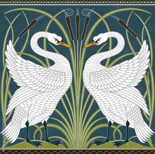 White swan decorative border pattern on dark green background. Vector illustration.