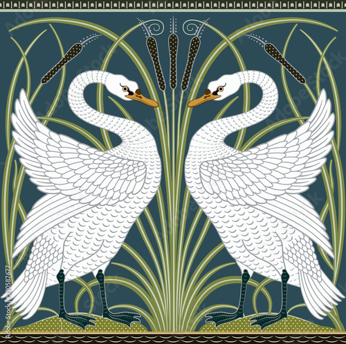 White swan decorative border pattern on dark green background. Vector illustration.