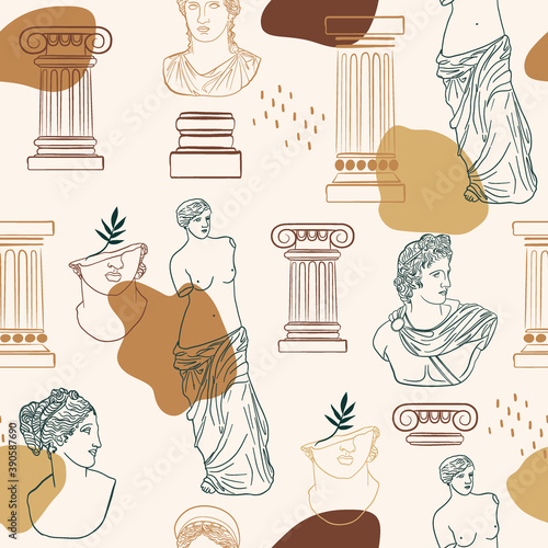 Abstract seamless pattern with antique elements, Greek Gods and Goddess sculpture drawing, pillar, shapes, sun, moon, leaves. Minimal line art and hand drawn illustrations.