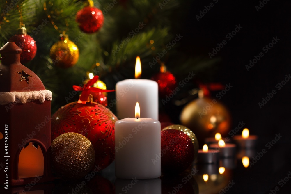New Year card. Сhristmas decoration holiday tree. New Year card. Burning New Year's candles.