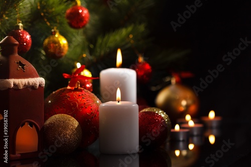 New Year card. Сhristmas decoration holiday tree. New Year card. Burning New Year's candles.