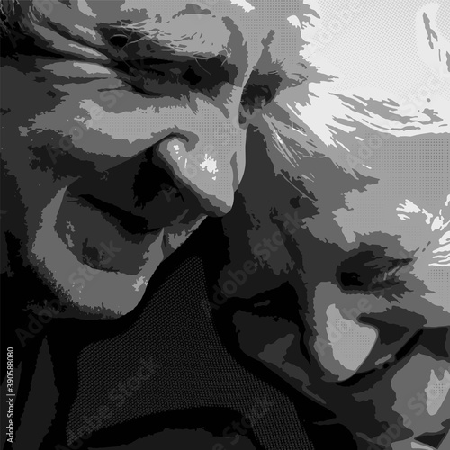 A loving, handsome senior couple on a black background, vector illustration.