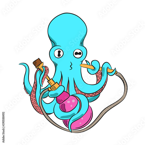 Blue squid smokes hookah in a cartoon style under water on a white background. Stylish T-shirt sticker. Graphic for printing. Picture for aquaprint. Drawn by lines. Vector illustration, EPS 10