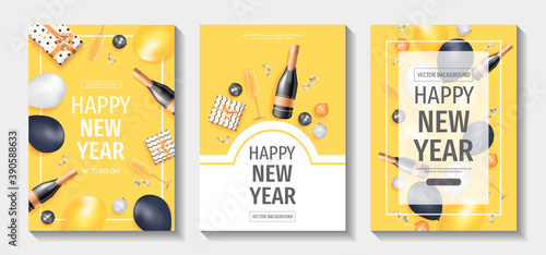 Set of Happy New Year flyers. Yellow, Black, white and gold collors. Champagne, glasses, christmas balls, balloons, gift boxes. A4 vector illustration for invitation, card, flyer, poster, banner.