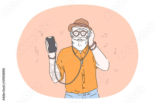 Hipster, listening to music in headphones concept. Smiling bearded hipster man cartoon character in hat and sunglasses enjoying listening to music in headphones connected to smartphone