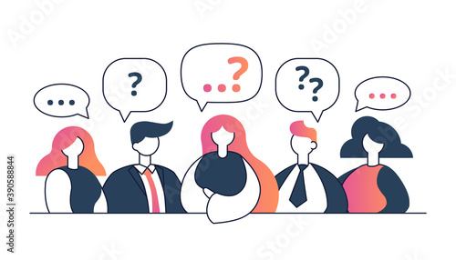 People with question signs discussing or with different opinions flat vector illustration. Search of solution or idea, answers, men and women argument or polemic. Questions in communication.