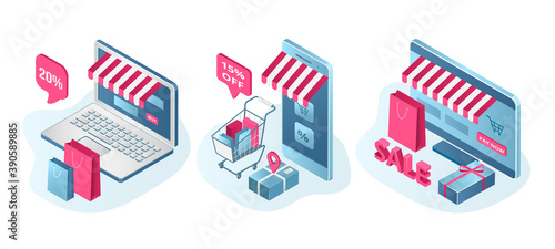 Store sale promotion set of isolated vector illustration. Prices off, discount offer. Clearance start for online shop, e-commerce. Laptops screen with shopping cart and internet store sale.