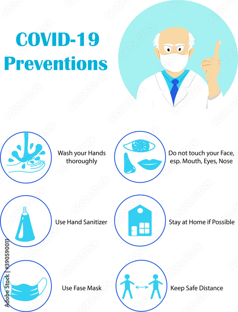 Prevention tips for COVID-nineteen infographic, flat vector symbol icon.