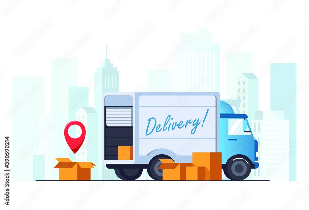 Vector illustration with truck. Fast delivery concept. Near the box geolocation icon. Against the background of the city