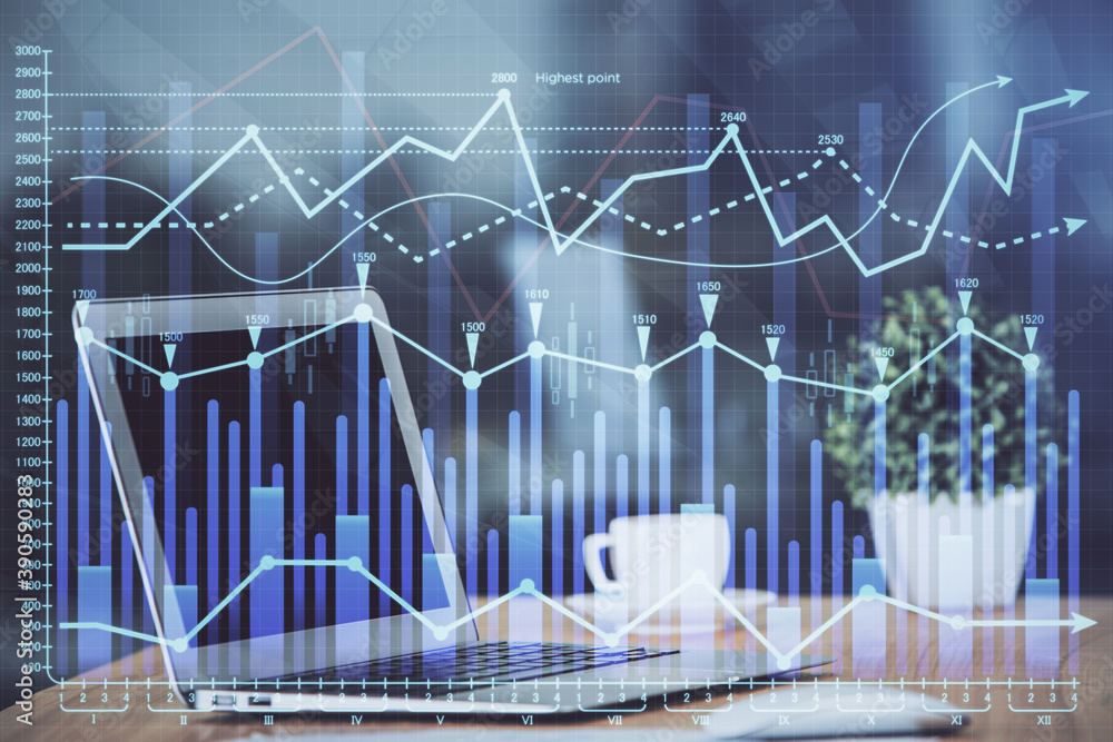 Forex market graph hologram and personal computer on background. Double exposure. Concept of investment. Forex market graph hologram and personal computer on background. Double exposure. Concept of investment.