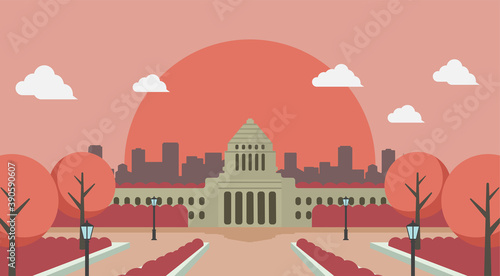 日本の国会議事堂　正面イラスト / 日の出・朝焼け・夕方・夕焼け
