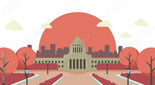 日本の国会議事堂　正面イラスト / 日の出・朝焼け・夕方・夕焼け
