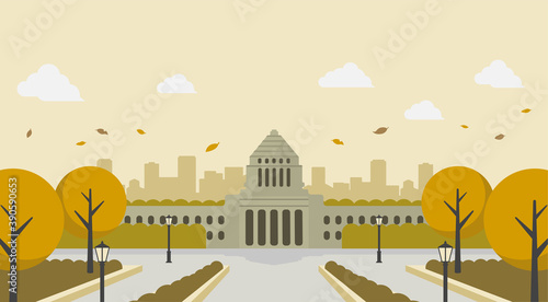 日本の国会議事堂　正面イラスト / 秋・紅葉
