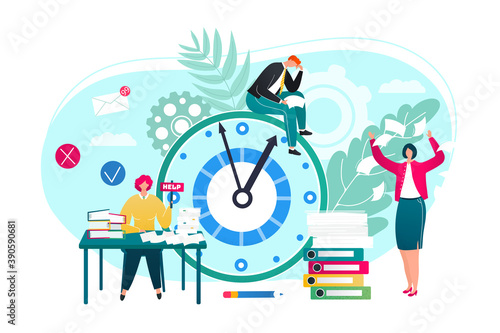 Work problems business concept flat vector illustration. Businessmen working in office in stress, paper documents and time management problems. Unhappy tired and overloaded office workers.