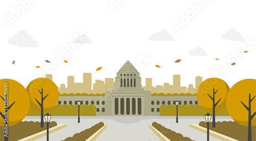 日本の国会議事堂　正面イラスト / 秋・紅葉
