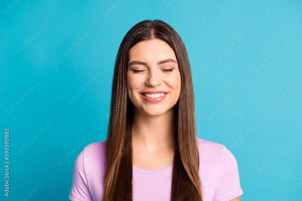 Photo of cute dreamy woman wear casual violet outfit closed eyes isolated blue color background Photo of cute dreamy woman wear casual violet outfit closed eyes isolated blue color background
