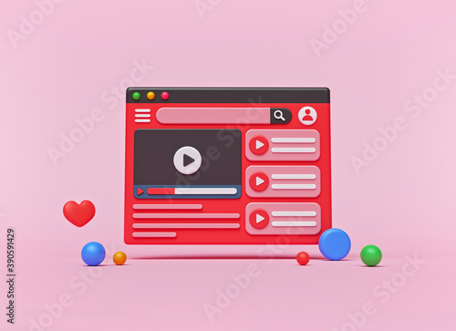 cartoon style video player interface . Social media concept. video channel, Web Video content. minimal idea. 3d rendering