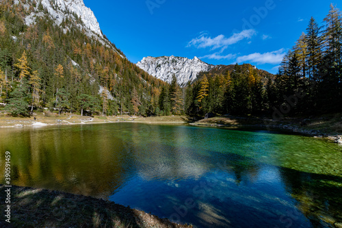 The famous "Grüner See / Green lake" in the "Hochschwab" mountainrange, Styria, Austria on a clear autumn day