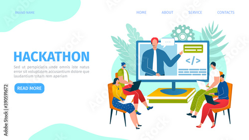 Hackathon event landing page vector illustration. Team of programmers, designers, web developers, PM collaborate on software project. Programming hackathon teamwork online webpage.