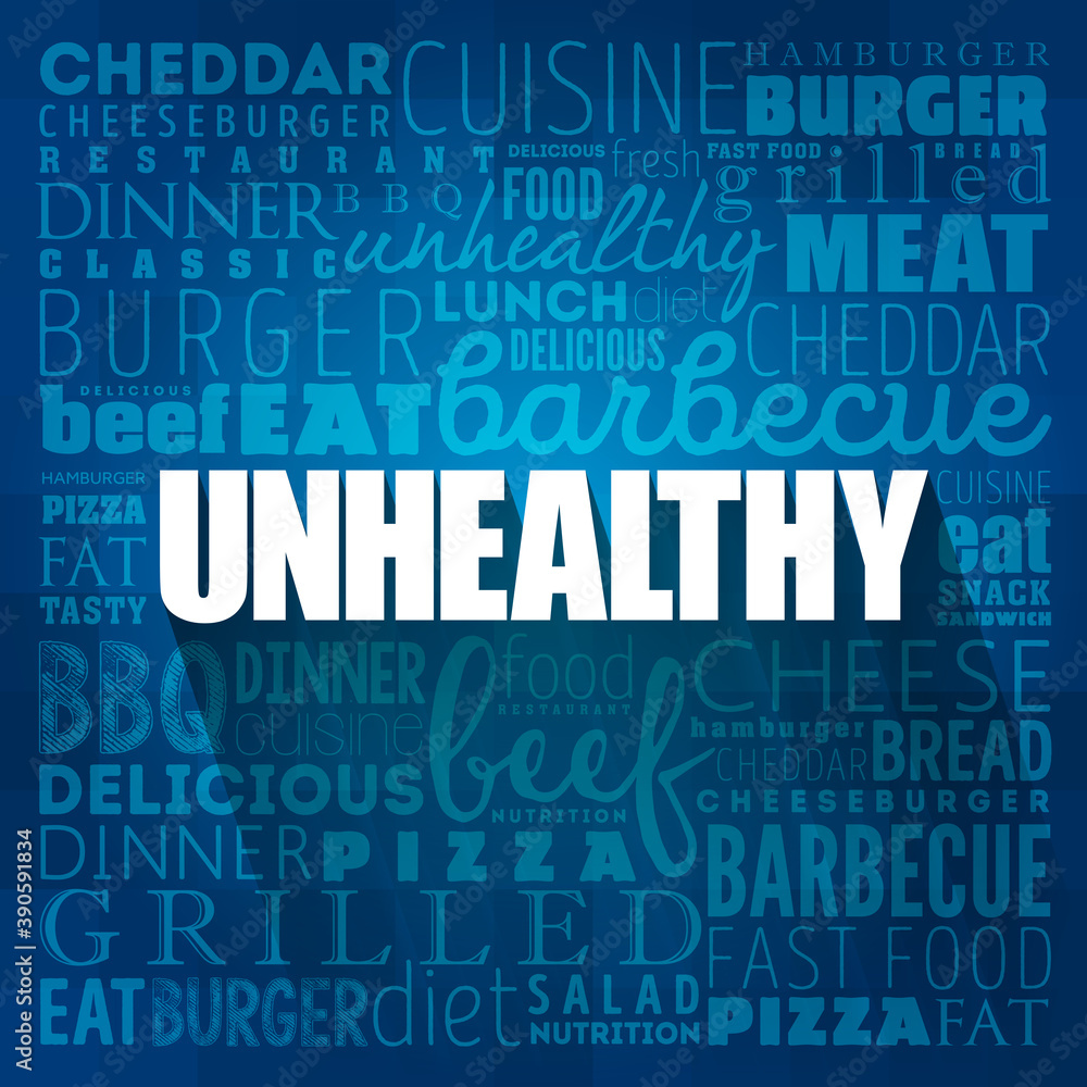 UNHEALTHY word cloud collage, fast food concept background UNHEALTHY word cloud collage, fast food concept background