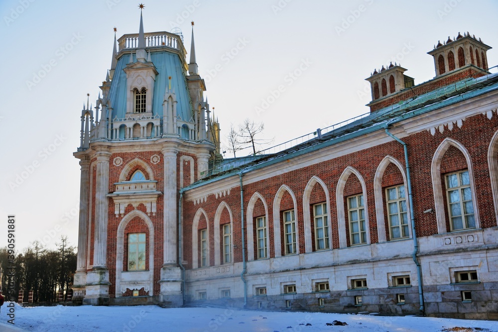 View of the Grand Palace in Tsaritsyno park in Moscow. Popular landmark.