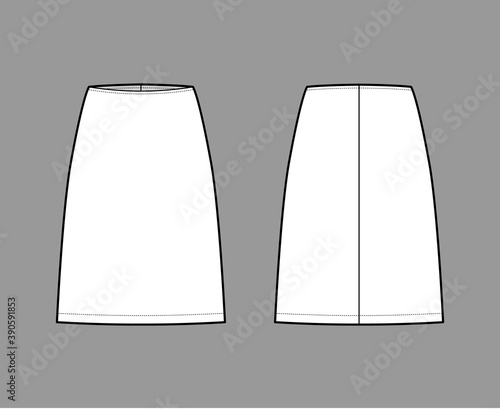 Skirt sheath technical fashion illustration with straight knee silhouette, pencil fullness. Flat bottom template front, back, white color style. Women, men, unisex CAD mockup