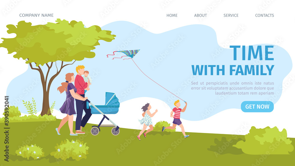 Naklejka premium Landing Page happy time with family vector illustration. Parents and diverse children jogging together in green summer park. Active and healthy recreation for family. Happy childhood website.