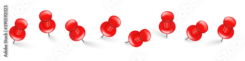 Realistic red push pins. Board tacks isolated on white background. Plastic pushpin with needle. Vector illustration.