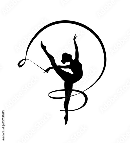 Rhythmic gymnastics girl with ribbon. Vector dancer silhouette black on white