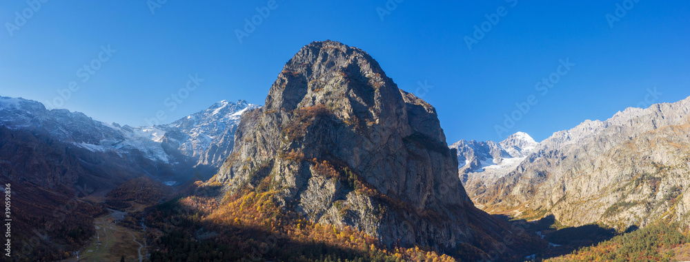Caucasian mountain landscape. Tsey gorge. The mountain Monk (Monakh) and the river Tseydon. Republic of North Ossetia-Alania, Russia