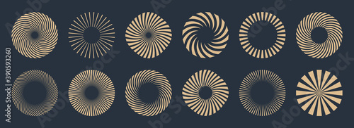 Vintage sunburst collection. Bursting golden sun rays. Fireworks. Logotype or lettering design element. Radial sunset beams. Vector illustration.