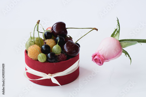 Cherry, raspberry, gooseberry, currant and rose in a beautiful package